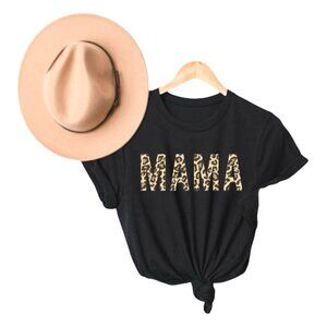 Women’s Leopard Animal Print MAMA Graphic T Shirt Black Short Sleeve Size XL